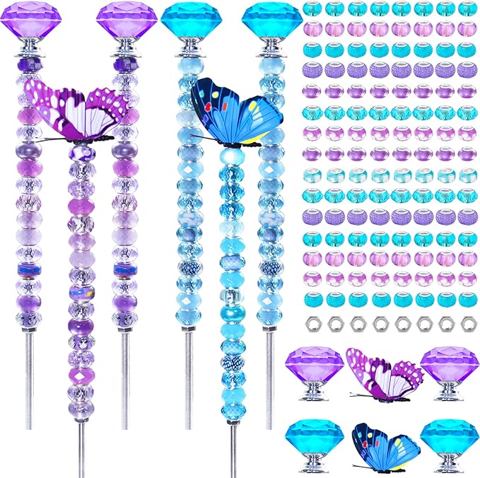 145 PCS Beaded Garden Stakes Kit, DIY Fairy Wand Garden Stake Beads Kits with Assortment Large Hole Beads 4 Crystal Stopper Top 2 Butterfly Tops and Threaded Rods for Outdoor Indoor Decor