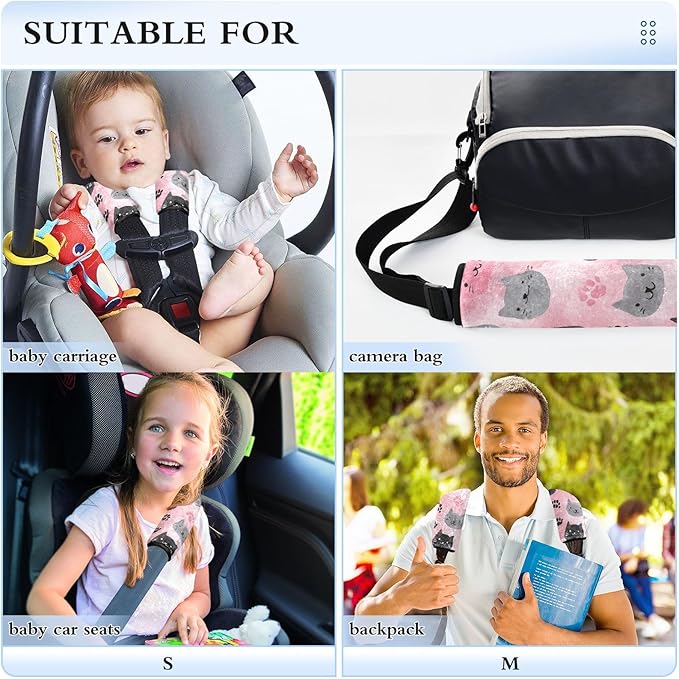 2 Pack Seatbelt Covers Seat Belt Cover Pad for Adults Boys Girls Car Seat Strap Covers Pads Cushion Universal Shoulder Strap Pad Protector for Backpack Camera Bag 6.5 Inch Watercolor Cat Faces and Paw