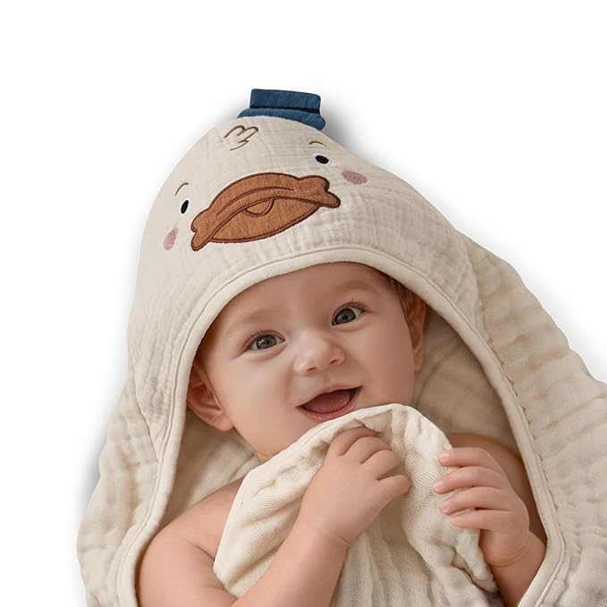 Blissful Diary Muslin Baby Hooded Towel 1 Pack, Soft & Absorbent Bath Towel for Infant, Toddler, Unisex, Baby Gift, Newborn Essentials, Dapper Duck