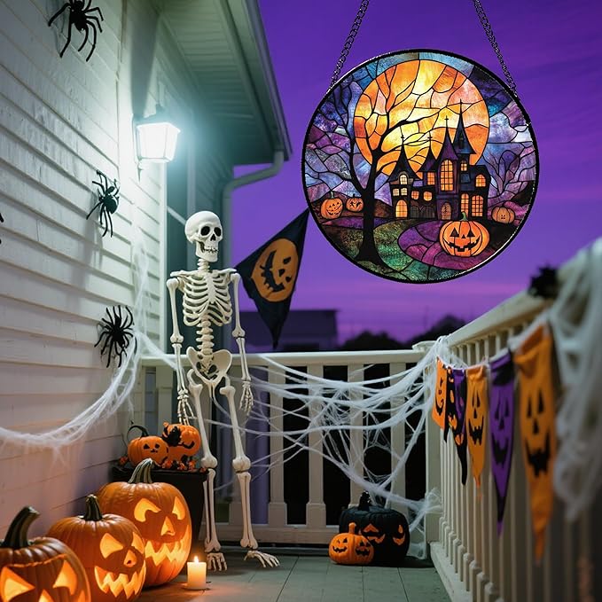 Stained Glass Window Hanging Halloween Horror Pumpkin 15" - Suncatcher Door Garden Sunroom Golden Moon Church Sun Catcher Birthday for Friend Mom Men Woman Nana