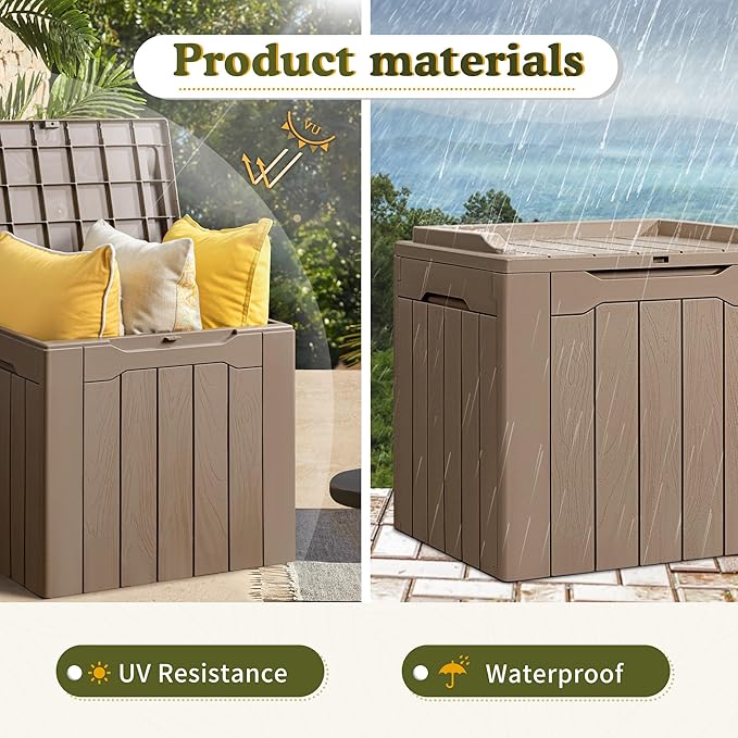 Devoko 31 Gallon Waterproof Outdoor Storage Box Resin Deck Box Lockable and UV Resistant for Patio Furniture,Garden Tools (Light Brown)