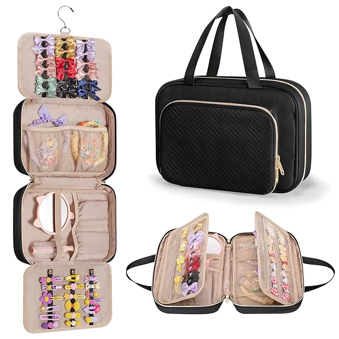 Fasrom Hair Accessories Organizer for Girls, Hanging Hair Bow Storage Bag for Kids Hair Clips, Headband, Hair Ties and Scrunchies Holder, Black (Empty Bag)