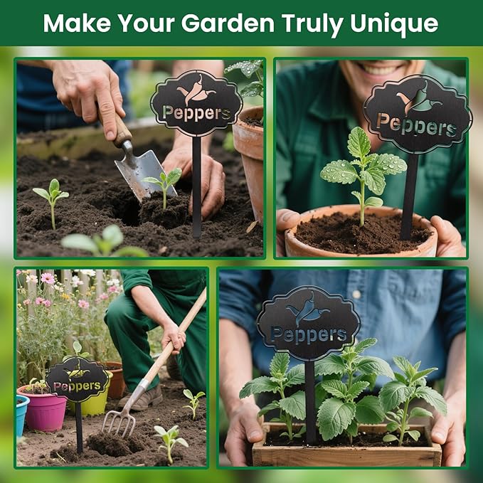 CUTHOLLOW Metal Plant Marker Stake Peppers for Outdoor Indoor, Waterproof 11.8 inch Cute Garden Plant Labels Sign Tag for Vegetables, Farmhouse Greenhouse Decor - Funny Gardening Gifts