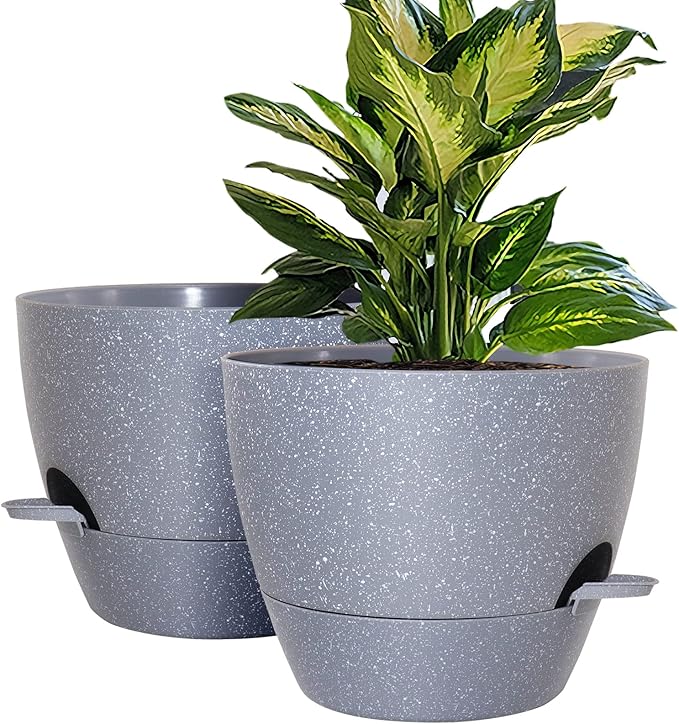 10 inch Self Watering Planters, 2 Pack Large Plastic Plant Pots with Deep Reservior and High Drainage Holes for Indoor Outdoor Plants and Flowers, Speckled Grey