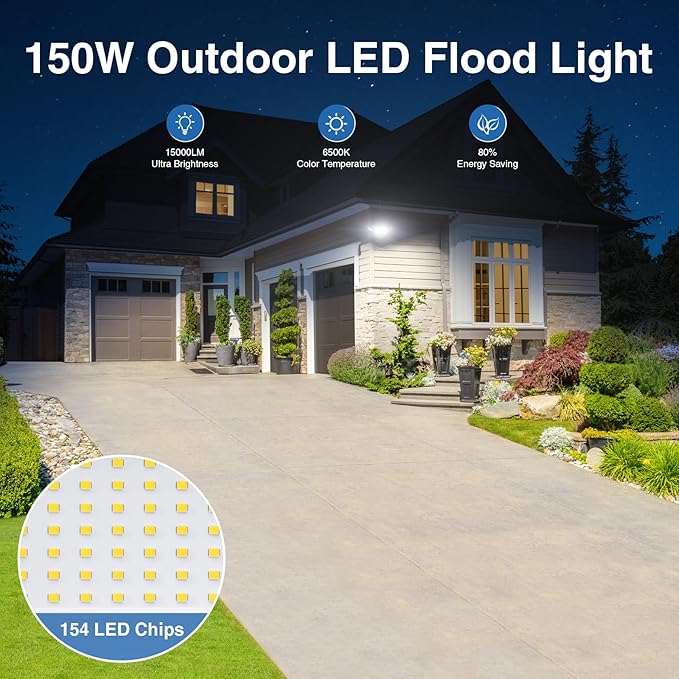 150W Flood Lights Outdoor Waterproof IP65, Exterior LED Floodlights with 3 Adjustable Heads, 15000LM Super Bright Security Lights Fixture, Outside Lights for House, Backyard 2 Pack
