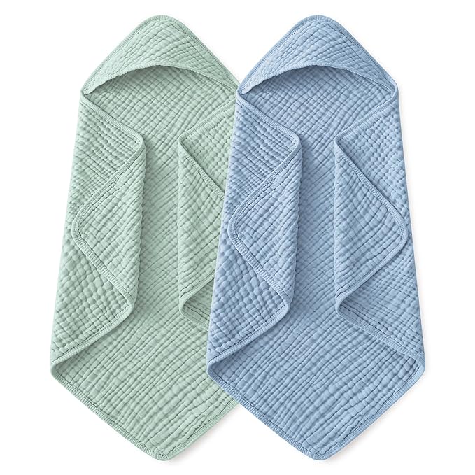 Yoofoss Hooded Baby Towels for Newborn 2 Pack 100% Muslin Organic Cotton Baby Bath Towel with Hood for Babies, Infant, Toddler and Kids, 37.5"x37.5", Soft and Absorbent Newborn Essential,Blue&Green