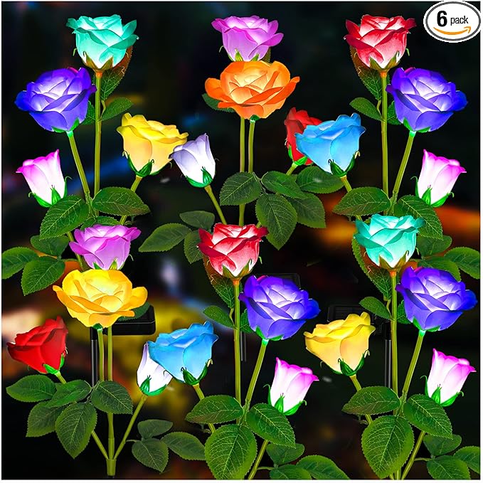 TONULAX Solar Garden Lights - Upgraded Outdoor Light, 7 Color Changing Rose Lights for Yard,Garden Decoration, Enlarged Solar Panel, More Realistic Rose Flower (6 Pack)