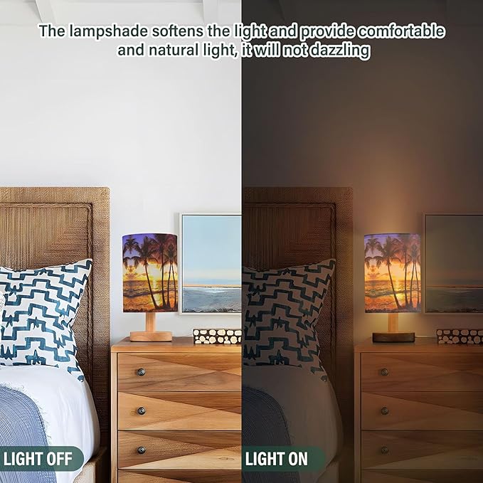 Coconut Palm Tree Sunset Ocean Tropical Island Table Lamp with Wood Base Fabric Lamp Shade Bedside Nightstand Desk Lamp for Living Room Bedroom Kids Room Office