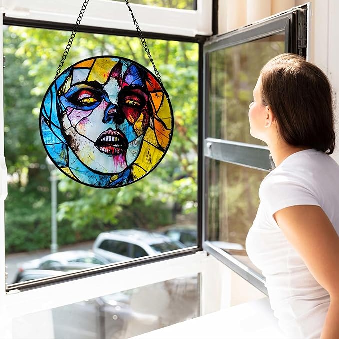 Stained Glass Window Hanging Halloween Horror Night Bloodstained Face Large 11.8" - Suncatcher Door Garden Sun Catcher Gothic Decor Birthday Evil Funny Gift for Mom Woman Nana Friend Men