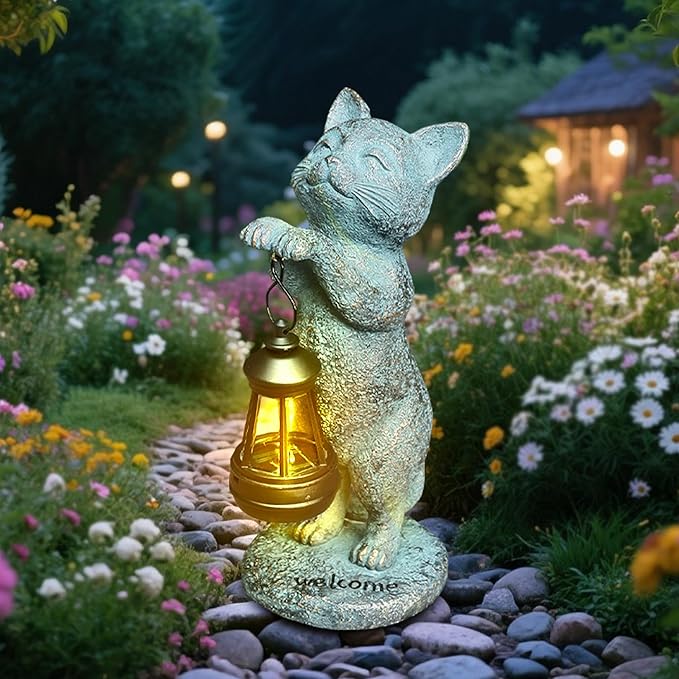Cat Garden Statue Solar Outdoor Decor - Cat Statues for Garden Solar Lantern Figurine for Yard Patio Lawn Porch Pathway Landscape Ornament Unique Gift for Mom Women