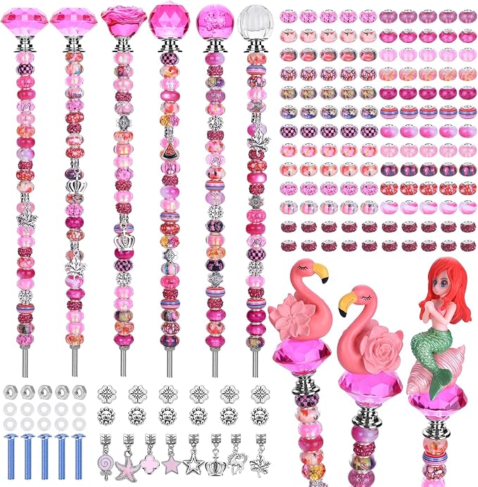 158 Pcs DIY Fairy Wand Garden Stakes Kit,Multiple Color Scheme European Beads Crystal Diamond Tops and 12 or 10 Inch Threaded Rods,Stainless Steel Stakes with Diamond Toppe(Rose Red)