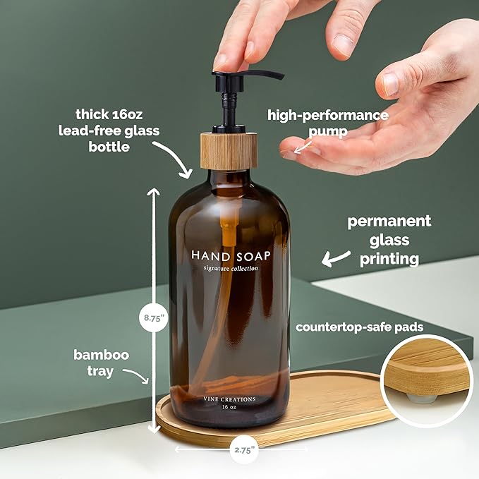 Vine Creations Amber Glass Soap Dispenser Set, Hand Soap and Dish Soap Dispenser Set with Bamboo Tray, 16 oz Glass Dispensers Bottle for Kitchen and Bathroom Decor Modern Boho with Bamboo Pump (Amber)