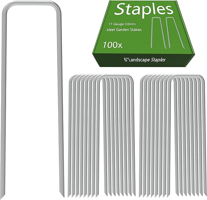 AAGUT 100 Pack 6 Inch Landscape Staples 11 Gauge Garden Staples, Galvanized Heavy Duty U-Shaped Sod Pins,Yard Ground Lawn Fence Stakes for Weed Barrier Fabric Irrigation Tubing