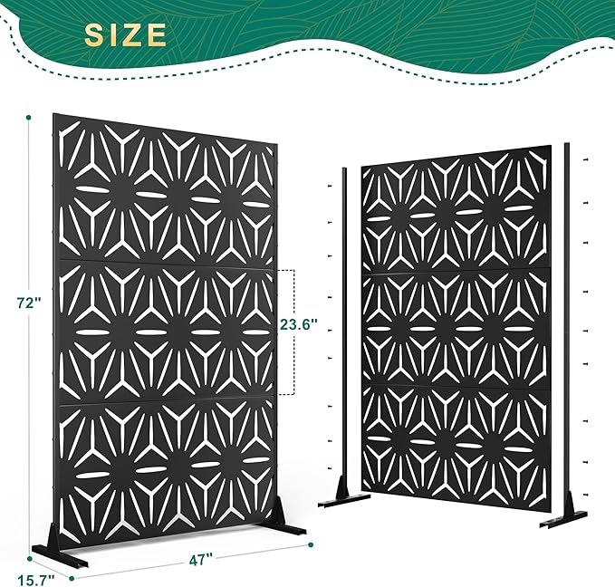 72" H×47" W Metal Privacy Screen Outdoor Privacy Screen Freestanding, Outdoor Privacy Screens and Panels for Patio Lawn Deck(Consists of 3 Panels)