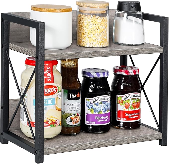 Giikin Countertop Shelf Organizer, 2 Tier Kitchen Spice Rack Organizer for Countertop, Wood Coffee Counter Shelf Organizer for Home (Grey, S)