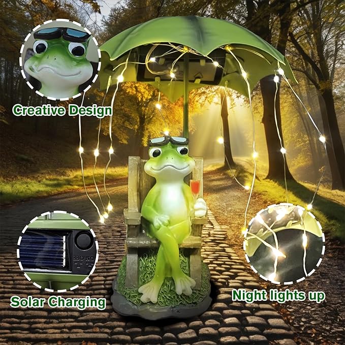 Solar Frog Outdoor Garden Statues Yard Decor - Solar Lantern LED Red Wine Frogs Umbrella Figurine with Lights Waterproof, Animal Statue Decoration Ornaments for Patio/Lawn Balcony/Backyard/Home