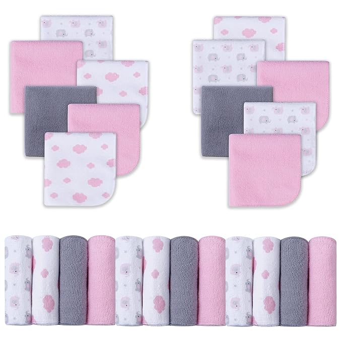Viviland Baby Washcloths, 24Pack Baby Towels for Newborn, Baby Girl Wash Cloths, and Infant Bath Face Washcloths Soft Absorbent, Gentle on Sensitive Skin Body, 9x9 Pink Elephant