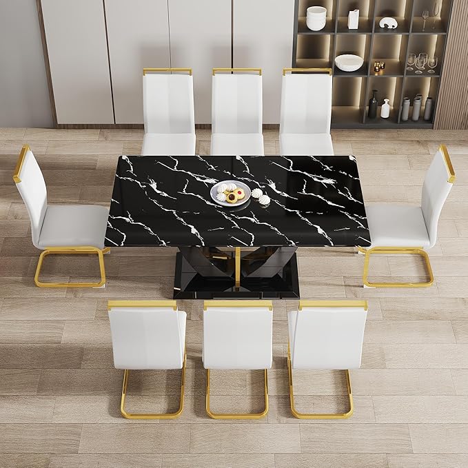 71" Dining Table Set for 8, Black Faux Marble Dining Room Table Set for 8, Large Rectangular Kitchen Table Set and PU Leather Chairs,Tempered Glass Glossy Table with Golden Leg