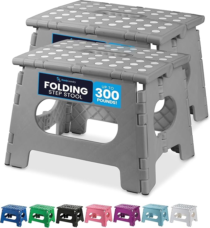 Handy Laundry Folding Lightweight Step Stool - Sturdy Enough to Support Adults and Safe Enough for Kids - Opens Easy with One Flip - Great for Kitchen, Bathroom or Bedroom (Grey | 2-Pack)