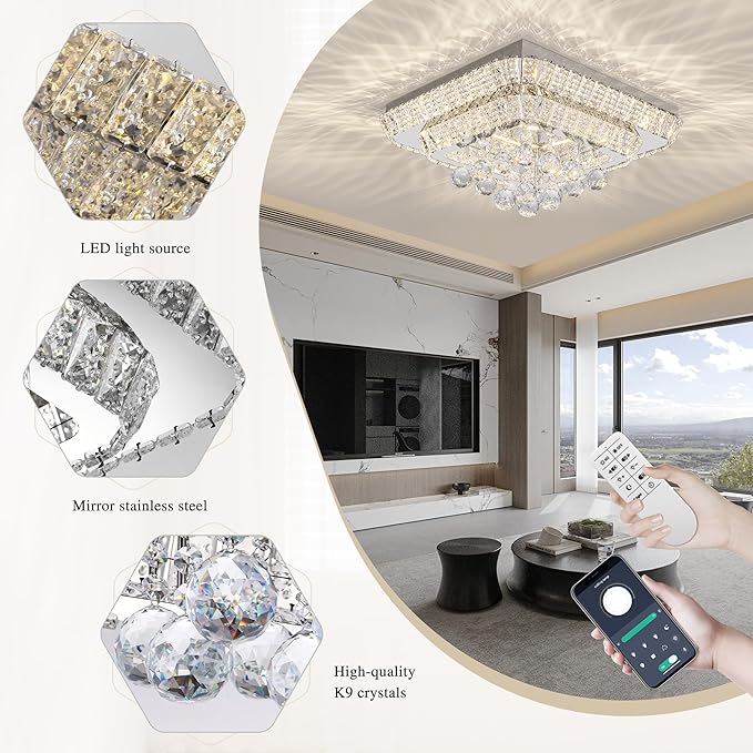COCOSTAR 18 inch Crystal Flush Mount Chandelier Remote/APP, Modern Raindrop LED Ceiling Light, 3CCT Dimmable & Brightness Adjustable,Elegant Chandeliers for Bedroom Hallway Dinning Room Living Room