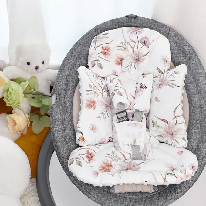 Infant Car Seat Insert and Strap Covers, Very Soft Car Seat Head Support Baby Girl Boy, Reversible Newborn Carseat Insert Cushion Fits for Stroller, Baby Swing, Bouncer (White Flower)
