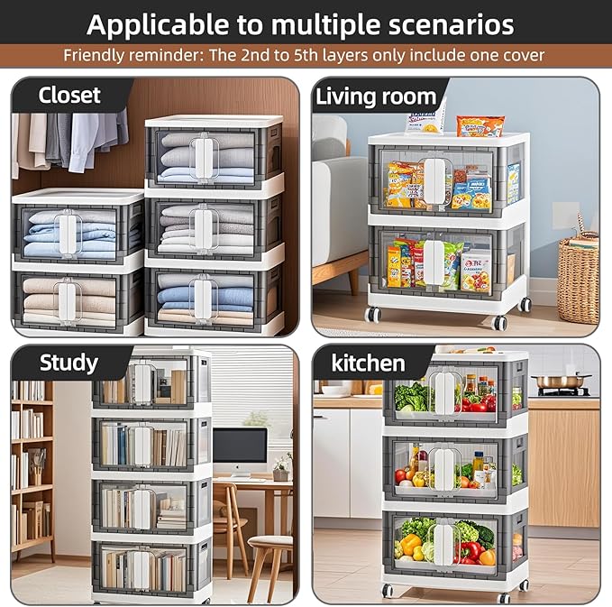Folding Storage Organizer with Silent casters | Stackable Design for Home & Office, Heavy-Duty Plastic Storage Bin with Clear Door, 3 Sizes (19.5/23.5/27.5in),Black/White (19.7" 5 layer, White)