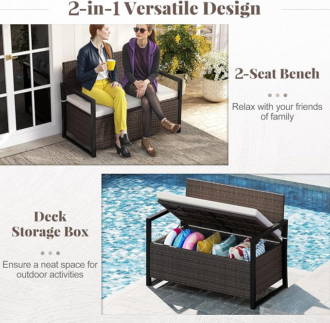 RELAX4LIFE Wicker Outdoor Bench with Storage - Rattan Deck Box w/Protective Liner for Pillows, Pool Supplies, Garden Tools, Patio Loveseat with Seat Cushion & Metal Armrests for Backyard Porch Balcony