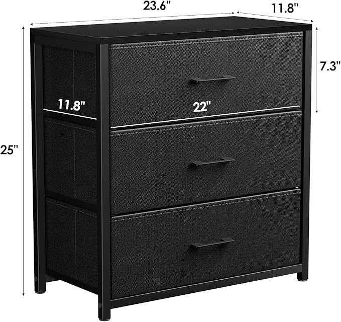 Nightstand with 3 Drawers for Bedroom, Storage Dresser with Fabric Drawers and Metal Frame for Closet, Living Room, Bedside Table with Wood Top, Easy Pull Handle, Black