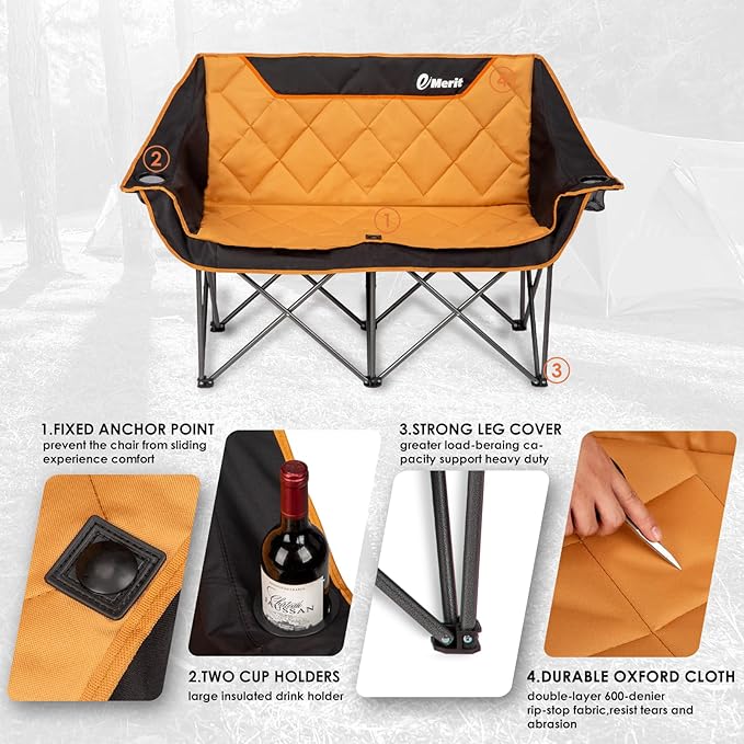 EMERIT Oversized Double Duo Camping Chair Folding Camping Loveseat 2 Person Camping Couch Heavy Duty Lawn Chairs for Outside with Padded Seats & Armrests-Support 650LBS