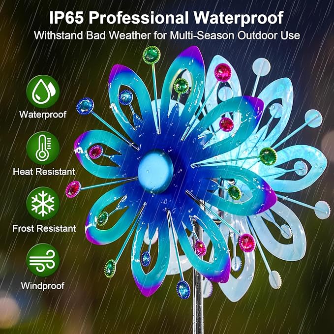 Solar Wind Spinners, 60.63" Outdoor Metal Stake Yard Wind Sculpture,Solar Powered Multi-Color LED Glass Ball with Kinetic Wind Spinners for Yard and Garden Lawn Patio Decor