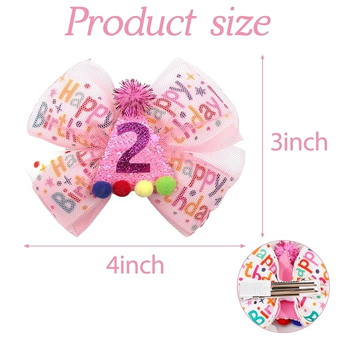 Baby Girls Pink Birthday Hair Bow Clip 2 3 4 5 6 Years Sprinkle Tulle Decorations Confetti Ice Cream Party Pink Hair Accessories for 2nd Birthday