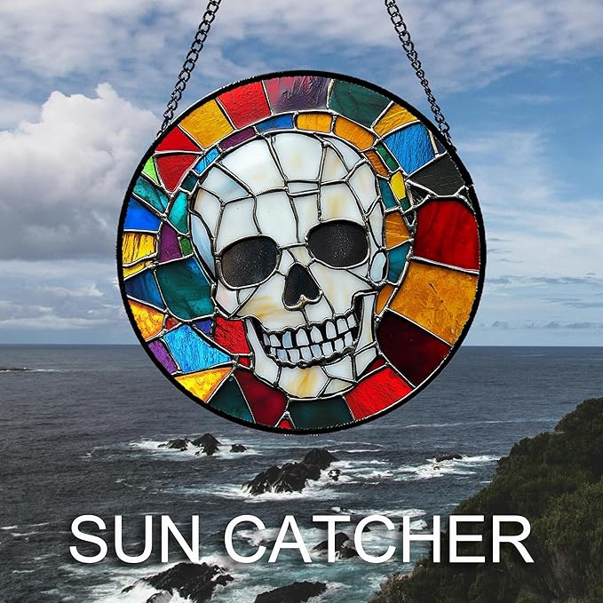 Stained Glass Window Hanging Halloween Horror White Skull 6.3" - Suncatcher Door Garden Kitchen Sun Catcher Home Gothic Decor Birthday for Mom Men Woman Friend Grandma
