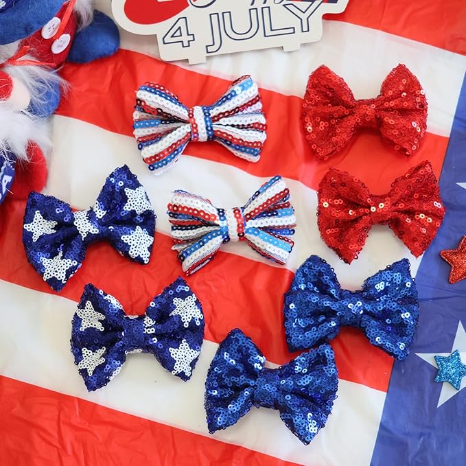 Independence Day Sequin Hair Bows for Girls Star Stripes Sparkly Alligator Clips Red Glitter Hair Accessories for Little Teen Toddler Girls
