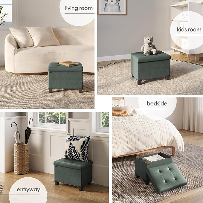 STORAGEBUD Storage Ottoman Cube with Small Bin, 16-in Square Ottoman with Storage for Living Room and Bedroom, Small Ottomans Foot Rest, Faux Leather Foot Stools Ottomans Max 330lbs, Green