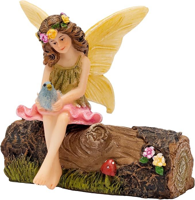 PRETMANNS Fairy Garden Fairies – Cute Accessories for Indoor or Outdoor Miniature Garden - Figurine Vicky on a Decorated Log – 2 Items