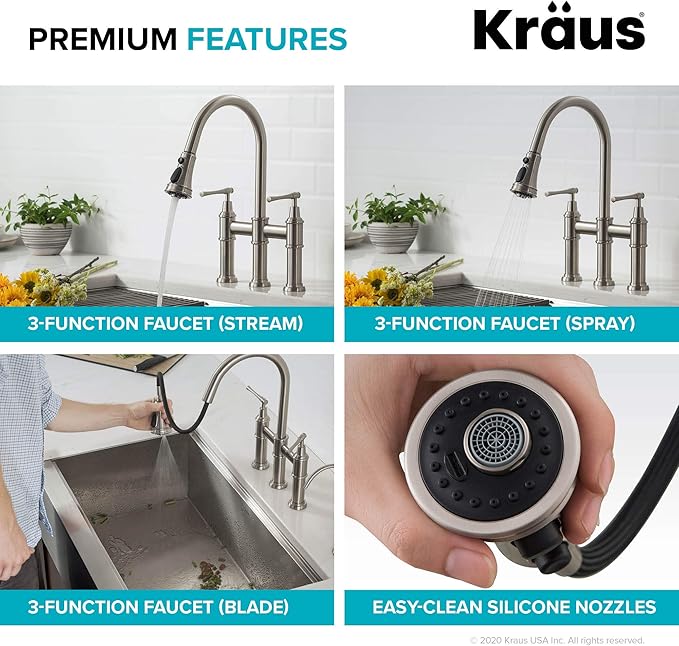 KRAUS Allyn Transitional Bridge Kitchen Faucet with Pull-Down Sprayhead in Brushed Gold, KPF-3121BG