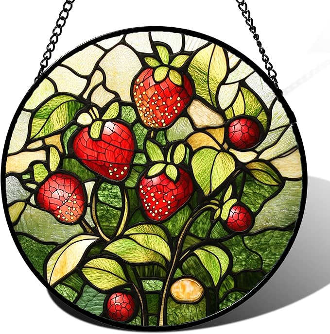 Stained Glass Window Hanging - Red Strawberry Suncatcher for Doors Window Home Green Plant Sun Catchers Decor Christmas Mother's Day Birthday Gifts for Teacher Women Men Mom Nana 6.3 in
