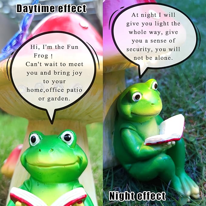 Solar Frog Mushroom Garden Statues,Statuettes of Resin Frog Mushroom Reading a Book Figurine with LED Solar Lights, Lawn Decor Outdoor Statue for Patio,Balcony,Yard,Lawn Ornament