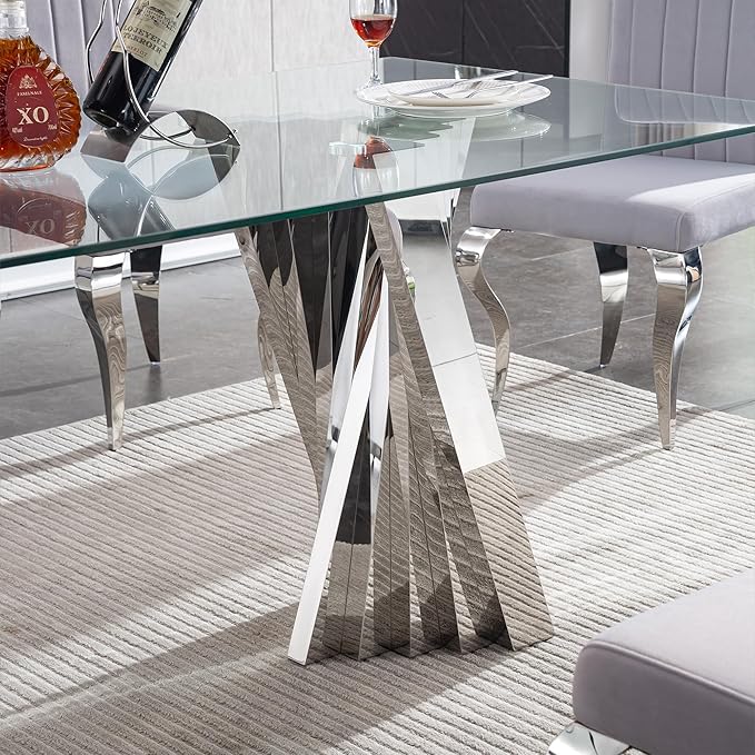 HomVent 70.08" Rectangular Clear Tempered Glass Dining Table,Stylish Design with Silver Stainless Steel Legs, Dining Table for Dining Room