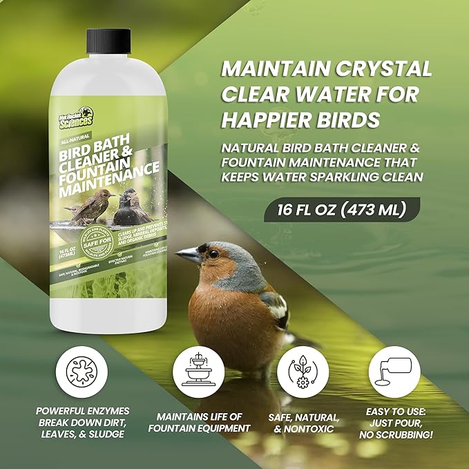 16oz Bird Bath Cleaner, Cleans 80 Gallons of Water, Ideal Fountain Cleaner Safe for Birds, Bird Bath Fountains Clarifier, Liquid Birdbath and Fountain Maintenance, Promotes Clean & Clear Water