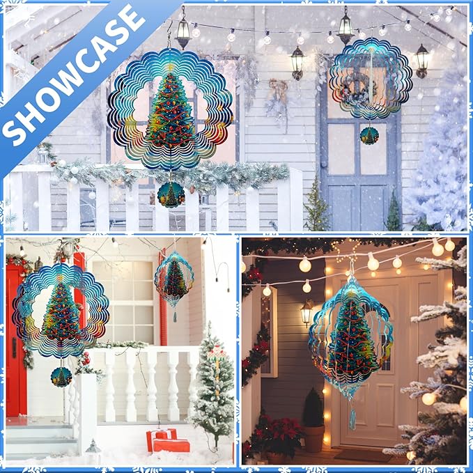 3D Christmas Tree Wind Spinners for Yard and Garden Christmas Decor 12 Inch Outdoor Metal Hanging Stainless Steel Wind Spinner Unique Gift Xmas Wind Sculptures