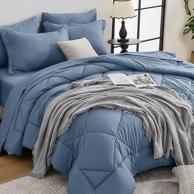 HEVUMYI Dusty Blue Queen Comforter Set - 7-Piece All Season Bed in a Bag Queen, Ultra Soft Bedding Set with Comforter, Flat Sheet, Fitted Sheet, Pillowcases, Pillow Shams