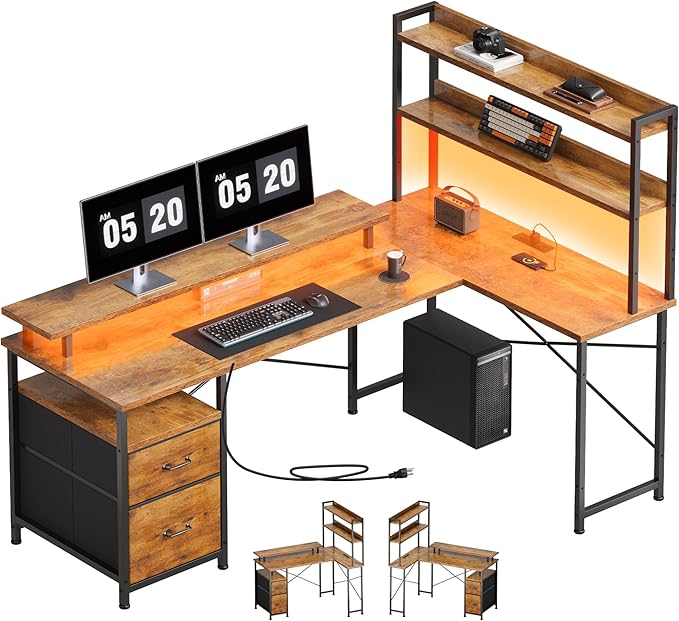 L Shaped Desk with Shelves,Reversible Computer Desk with LED Lights and Charging Station,Home Office Corner Desk with Monitor Stand,Brown2