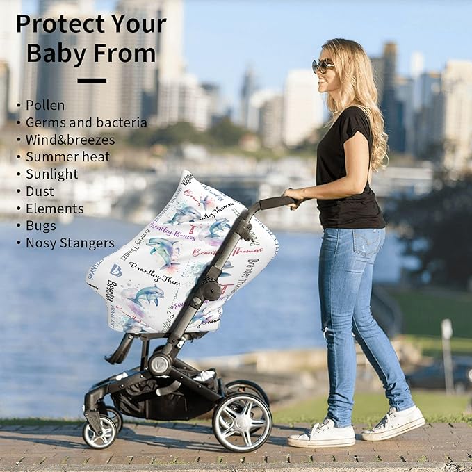 Personalized Baby Car Seat Cover with Name Stroller Canopy Custom Dolphin Carseat Cover Newborn Baby Boy Girl Nursing Cover for Moms First Birthday Gift