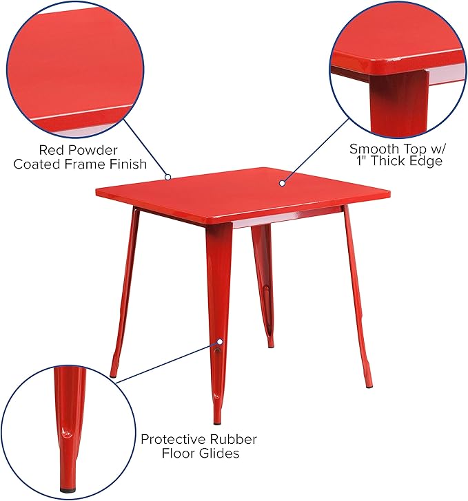 EMMA + OLIVER Commercial Grade 31.5" Square Red Metal Indoor-Outdoor Table