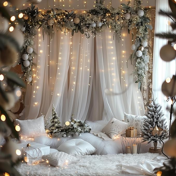 Fomcet White Tulle Backdrop Curtains with Lights String 10FT X 10FT Sheer Curtain with Lights Tulle Curtains Backdrop for Wedding Birthday Party Photo Shoot (2 Panels 5x10FT)