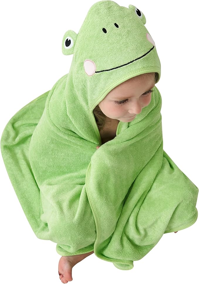 HIPHOP PANDA Hooded Towel - Rayon Made from Bamboo, Bath Towel with Bear Ears for Newborn, Babie, Toddler, Infant - Absorbent Large Baby Towel - Frog, 37.5 x 37.5 Inch