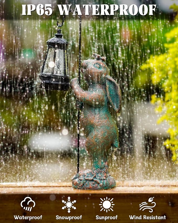 Garden Statues Outdoor Bunny with Solar Lantern – Rabbit Yard Decor, Waterproof Resin Figurine Pathway Light for Lawn & Patio