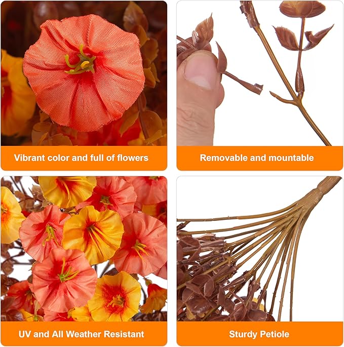 2 PCS Artificial Faux Fall Hanging Flowers Plants for Outdoor Decor,Fake Silk Morning Glory with Eucalyptus UV Resistant Mums for Wall Home Porch Patio Balcony Yard Indoor Decor (Fall Orange+Yellow)