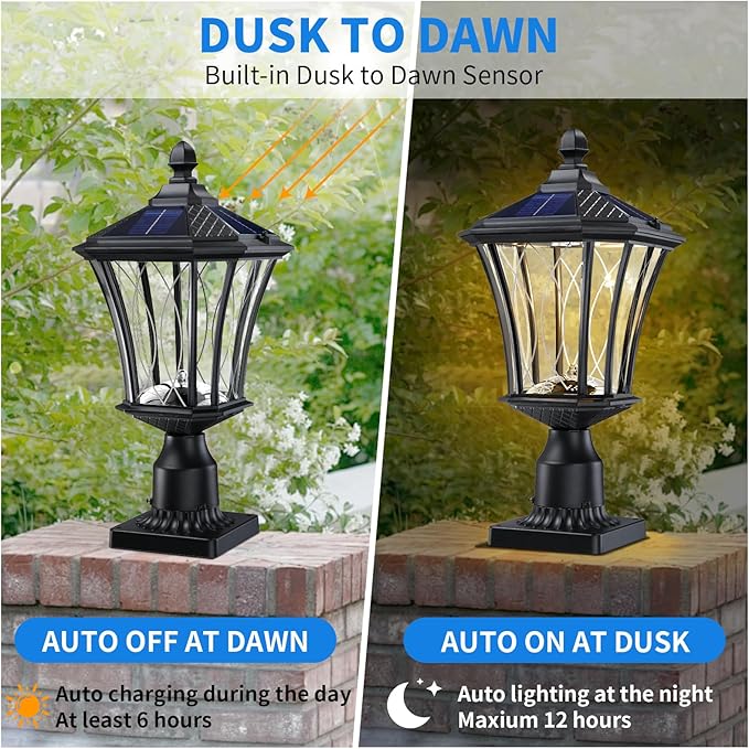 19.6" Solar Post Lights, Dusk to Dawn Outdoor Post Lights Solar Lamp Post Light, Black Pole Lights Outdoor with Pier Mount Base, Waterproof Outdoor Lamp Post for Yard FrontDoor Pathway Garage, 1 Pack